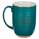 Green Clay Base Exposed Ceramic Coffee Mug - Back Side View with Matthew 19:26