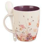 Purple Floral Ceramic Coffee Mug with Spoon