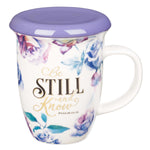 Floral Purple Lidded Ceramic Mug - Front View with Psalm 46:10 Bible Verse Inscription 