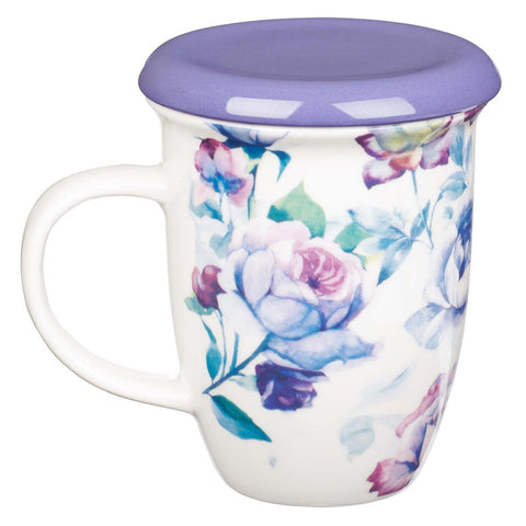 Floral Purple Lidded Ceramic Mug - Back View