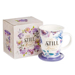 Floral Purple Lidded Ceramic Mug - Front View with Psalm 46:10 Bible Verse Inscription  and Gift Box