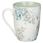 Blue-Green Floral Ceramic Coffee Mug with Ecclesiastes 3:11 - Backside View
