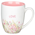 Love Inscribed White Ceramic Floral Designed Coffee Mug  with Pink Colored Interior