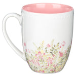 White Ceramic Floral Designed Coffee Mug with Pink Colored Interior