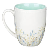 White Ceramic Floral Designed Coffee Mug with Mint Colored Interior