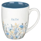 Faith Inscribed White Ceramic Floral Designed Coffee Mug  with Blue Colored Interior