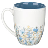 White Ceramic Floral Designed Coffee Mug with Blue Colored Interior