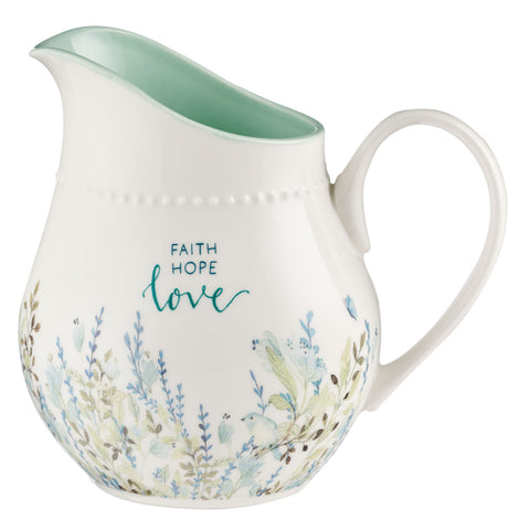 Faith Hope Love Floral White and Mint Green Ceramic Pitcher with Words - Faith, Hope, Love Inscribed on Front View.