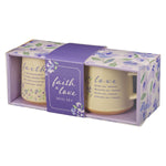 Faith and Love Lilac Purple Ceramic Coffee Mug Set - Two Mugs in Gift Box