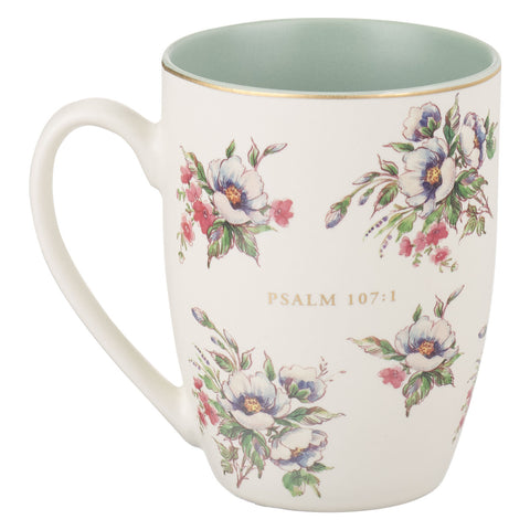 Floral Pastel Scripture Inscribed Ceramic Coffee Mug with Bible verse Psalm 107:1 