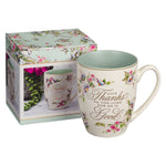 Floral Pastel Scripture Inscribed Ceramic Coffee Mug with Bible verse Psalm 107:1  with Gift Box