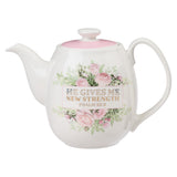 Floral Pink Rose White Ceramic Teapot - Psalm 23:3