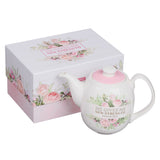 Floral Pink Rose White Ceramic Teapot - Psalm 23:3 - with Gift Box