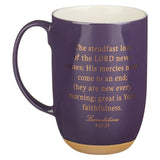 Purple Clay Base Exposed Ceramic Coffee Mug - Backside View with Lamentations 3:22-23 Bible Verse 