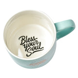 Humorous Light Aqua Ceramic Gift Mug with Inscription at Bottom - "Bless Your Soul"