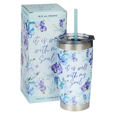 Floral Purple-Blue Stainless Steel Travel Mug with Gift Box