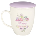 Floral Ceramic Coffee Mug with Lilac Lid Cover and Inscription of Joyful in Hope 