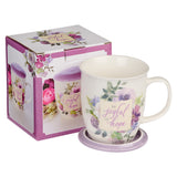 Floral Ceramic Coffee Mug with Lilac Lid Cover and Gift Box In Background