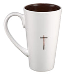 Ceramic White Coffee Mug with Dark Chocolate Color Inside and Dark Brown Cross on Front of Mug