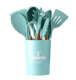 Wooden Handle 12-Piece Silicone Cooking Utensil Set - Green