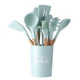 Wooden Handle 12-Piece Silicone Cooking Utensil Set - Light Green