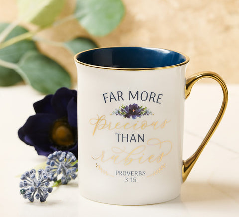 White and Blue Floral Ceramic Coffee Mug with Inscription