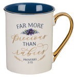 White and Blue Floral Ceramic Coffee Mug with Inscription.