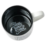 Humorous Black and White Ceramic Coffee Mug Inside View with Inscription of "Bless Your Soul" 
