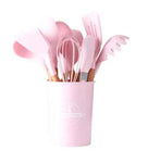 Wooden Handle 12-Piece Silicone Cooking Utensil Set - Pink