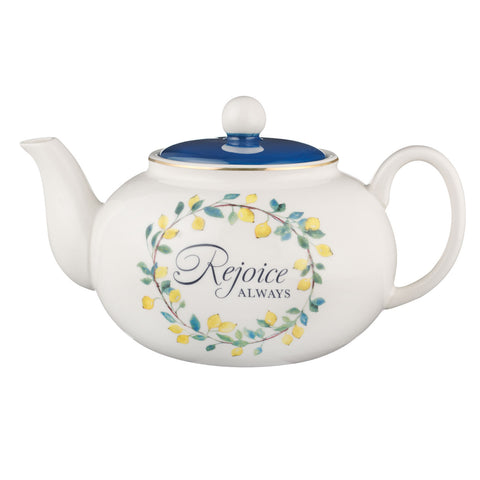 Lemon Designed Blue Lidded White Ceramic Teapot