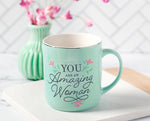 "An Amazing Woman" Teal Ceramic Coffee Mug with Decorative Vase and Pink Flowers - Close-up