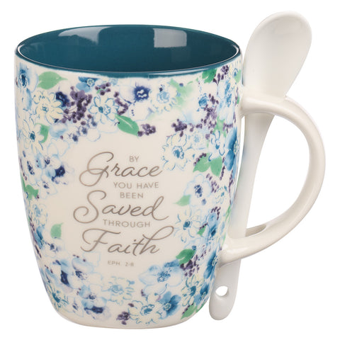 Blue Floral Ceramic Coffee Mug with Spoon