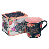 Navy Blue Ceramic Coffee Mug with Pink Roses