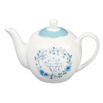 Blue Floral Wreath Design on White Ceramic Teapot with Friendship Proverb Inscription