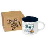 Silly 'N Humorous Ceramic Coffee Mug with Inscription of "I'm Two-Gallons Crazy in a One-Gallon Bucket" with Gift Box