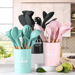 Wooden Handle 12-Piece Silicone Cooking Utensil Sets of Black, Pink, and Light Green 