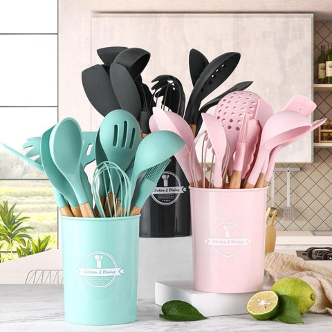 Wooden Handle 12-Piece Silicone Cooking Utensil Sets of Black, Pink, and Light Green 