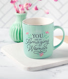"An Amazing Woman" Teal Ceramic Coffee Mug with Decorative Vase and Pink Flowers 