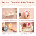 Pink Wooden Toy Refrigerator highlighting egg storage, temperature adjustment, and popsicles.