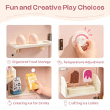 Pink Wooden Toy Refrigerator highlighting egg storage, temperature adjustment, and popsicles.