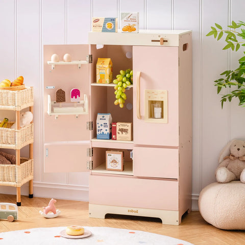 Pink Wooden Toy Refrigerator with Kitchen Accessories