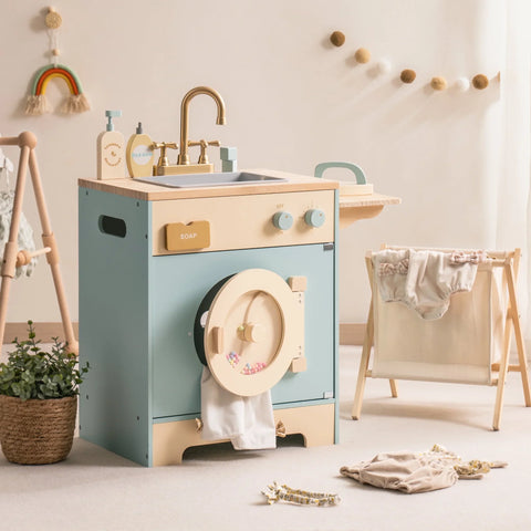 Wooden Toy Washing Machine with Sink Playset
