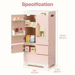 Pink Wooden Toy Refrigerator with Kitchen Accessories featuring dimensions.