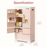 Pink Wooden Toy Refrigerator with Kitchen Accessories featuring dimensions.