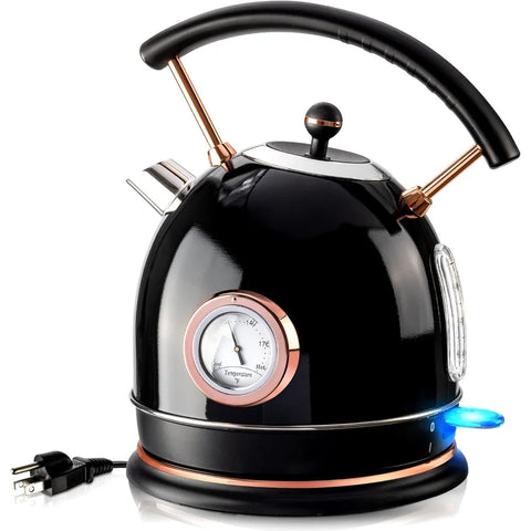 Black Retro Designed Electric Water Kettle with Temperature Gauge