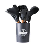 Wooden Handle 12-Piece Silicone Cooking Utensil Set - Black