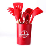 Wooden Handle 12-Piece Silicone Cooking Utensil Set - Red