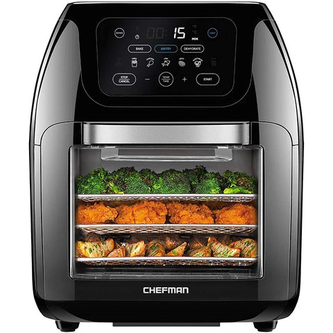 Close-up of Chefman Multifunctional Digital Air Fryer with broccoli, chicken and potato wedges