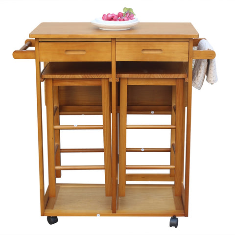 Solid Wood Dining Cart With Stools